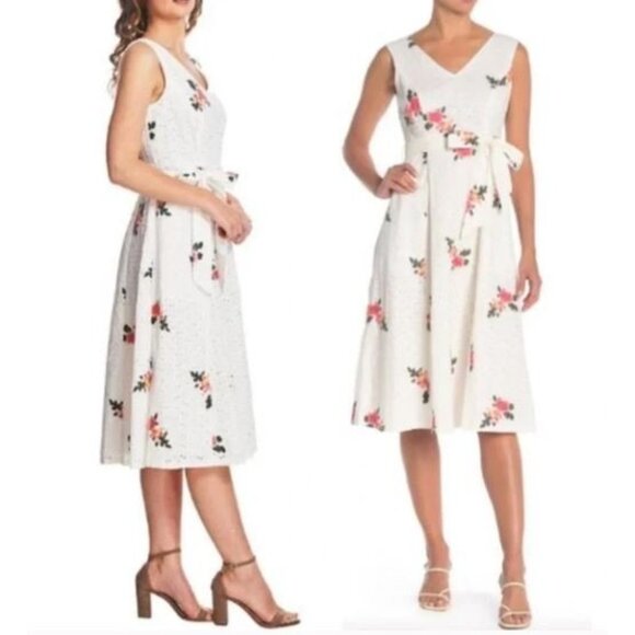 Calvin Klein Dress Womens 12 White Eyelet Floral Embroidered Midi Romantic - Picture 1 of 8